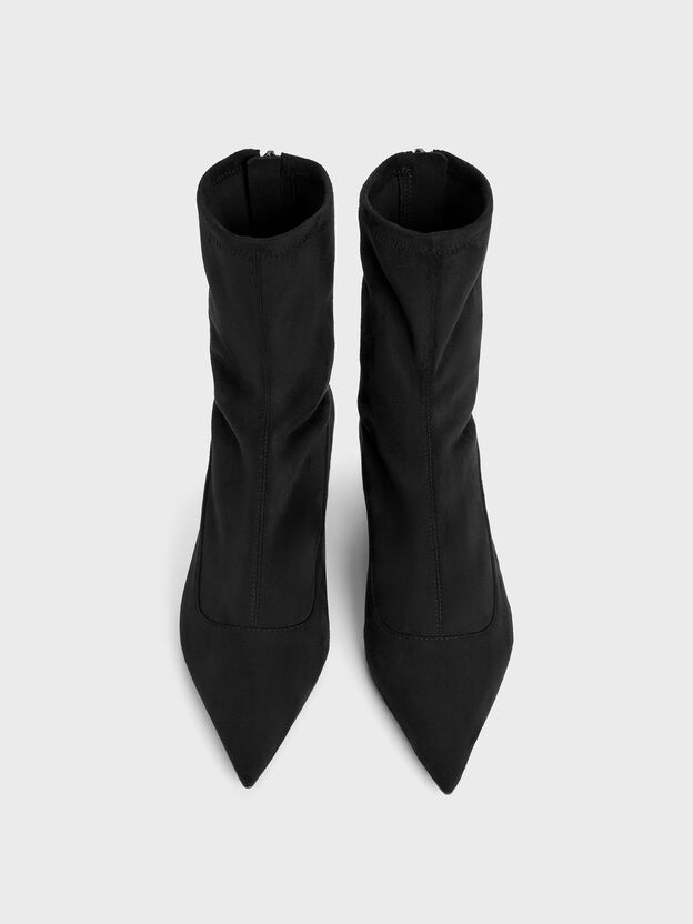 Faux Suede Pointed Heeled Ankle Boots, Black Textured, hi-res