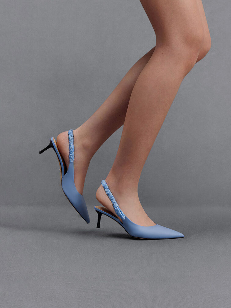 Leather Ruched-Strap Slingback Pumps, Light Blue, hi-res