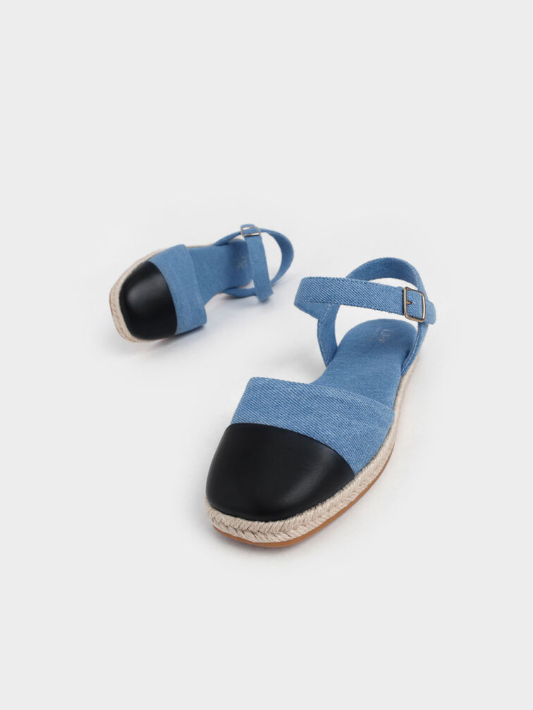 Girls' Two-Tone Ankle-Strap Denim Espadrilles, Blue, hi-res