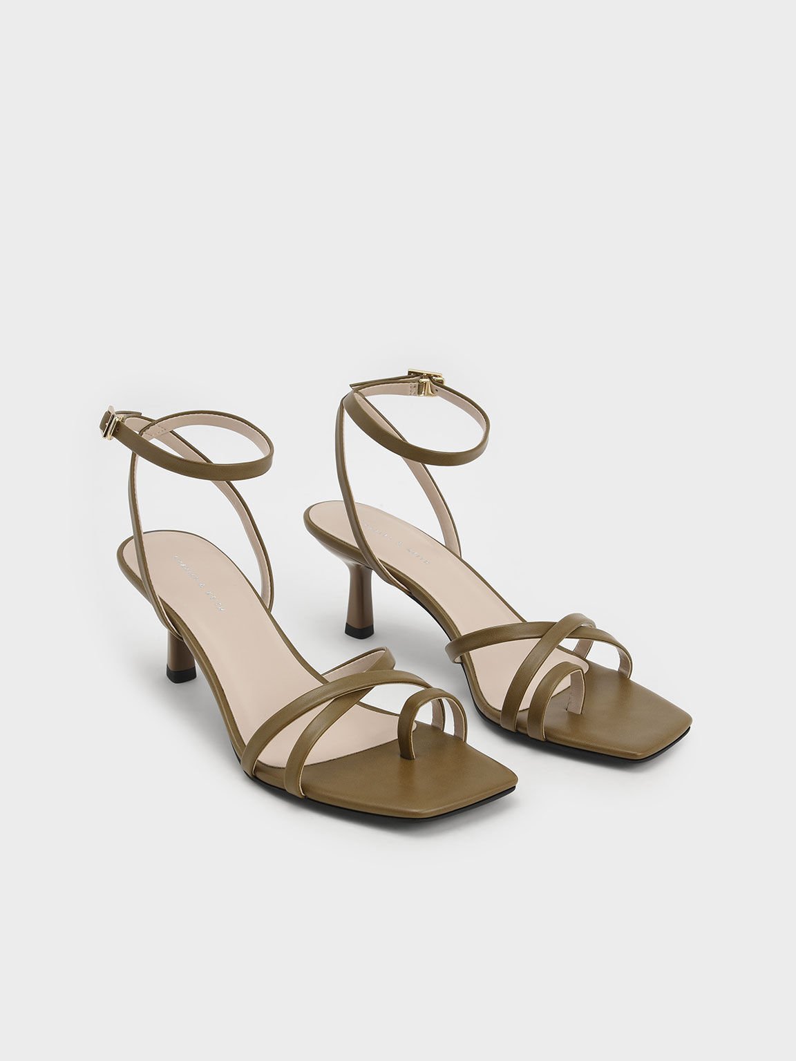 Toe Loop Strappy Heeled Sandals, Olive, hi-res