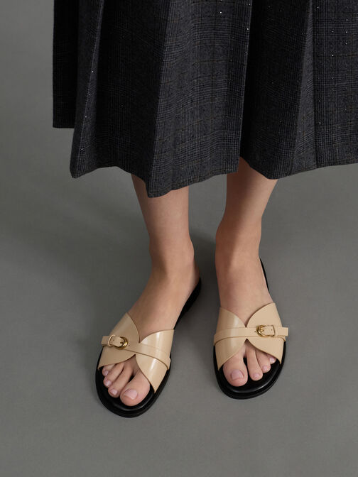 Buckled-Strap Slide Sandals, Beige, hi-res