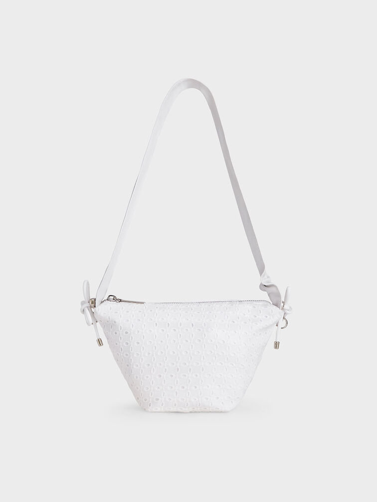 Leather & Lace Ruched Top Handle Bag, White, hi-res