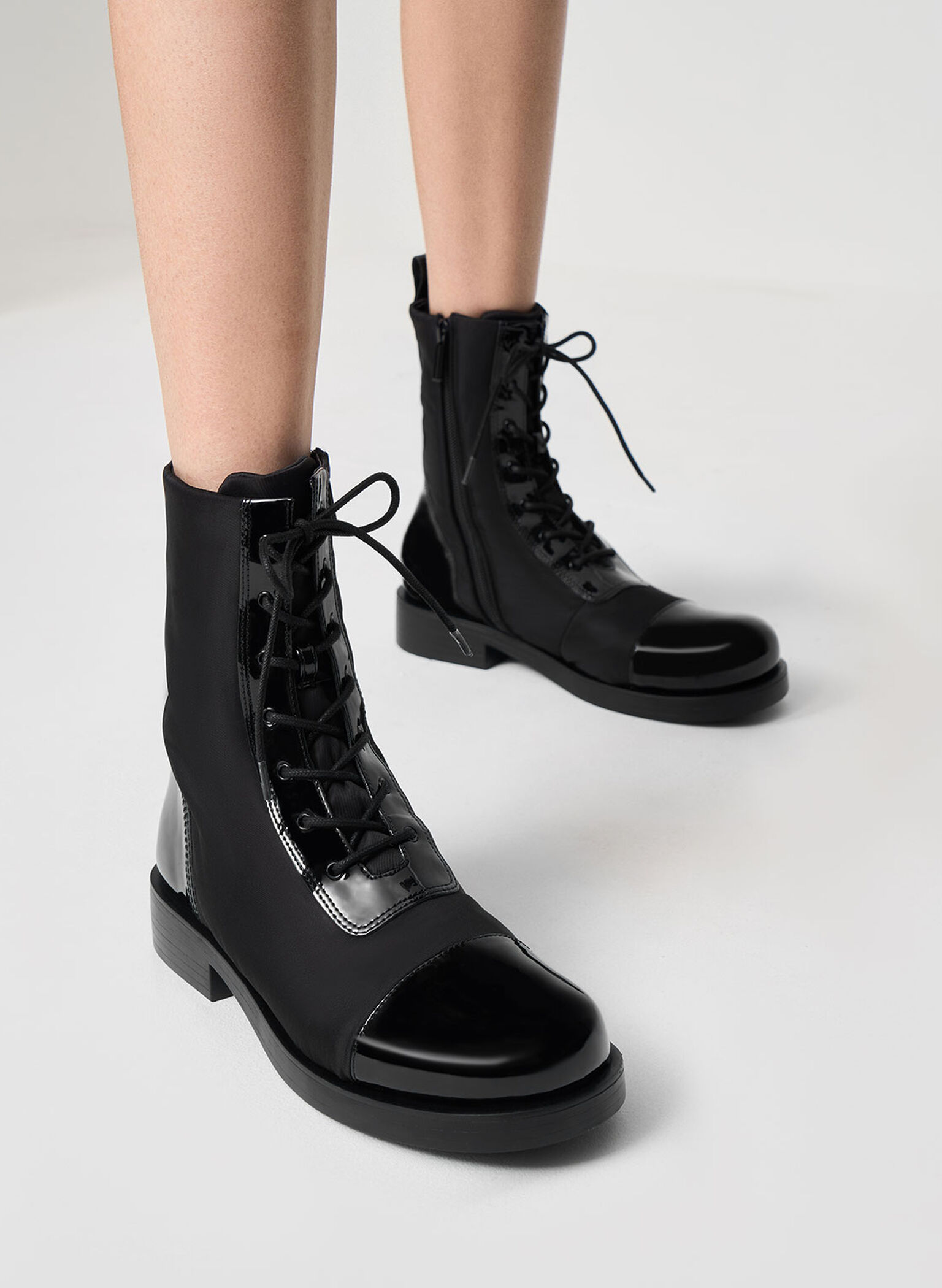 Black Nylon & Patent Combat Boots - CHARLES & KEITH AU