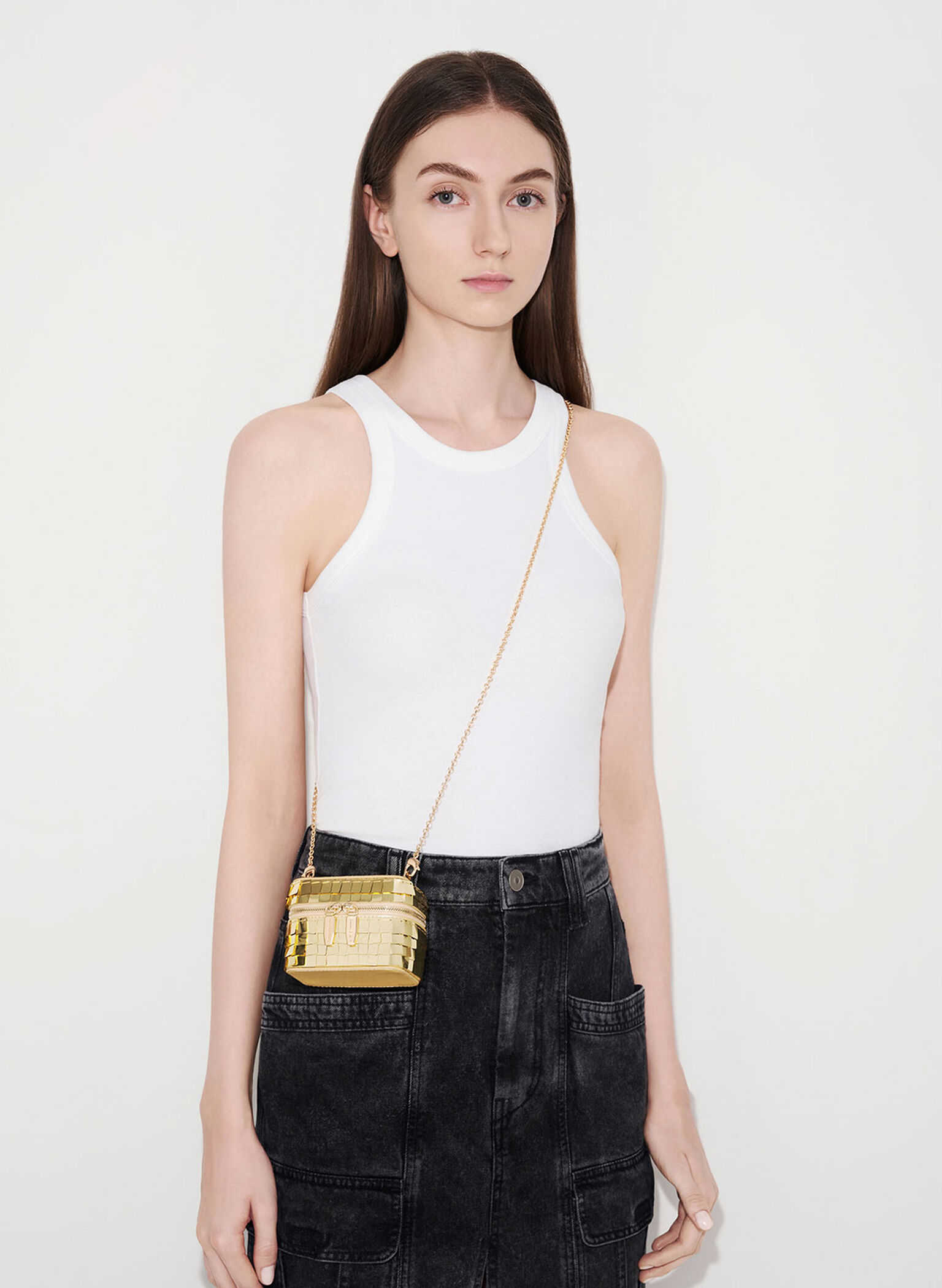 Disc-Embellished Vanity Pouch, Gold, hi-res