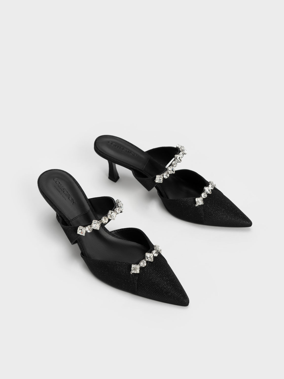 Glittered Gem-Embellished Mules, Black, hi-res