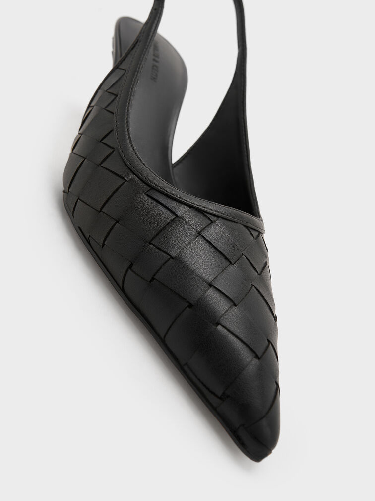 Woven Pointed-Toe Slingback Pumps, Black, hi-res