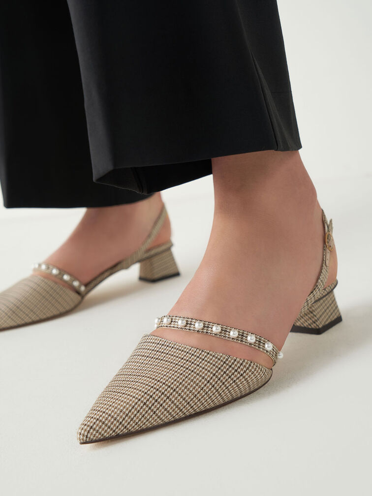 Houndstooth-Print Beaded Slingback Pumps, Multi, hi-res