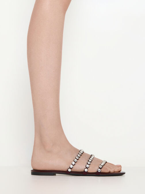 Crystal-Embellished Triple-Strap Sandals, Burgundy, hi-res