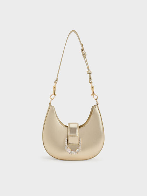 Gabine Metallic Leather Crystal-Embellished Hobo Bag, Gold, hi-res