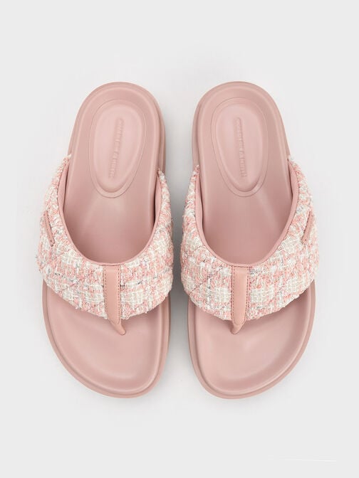 Tweed V-Strap Platform Thong Sandals, Light Pink, hi-res