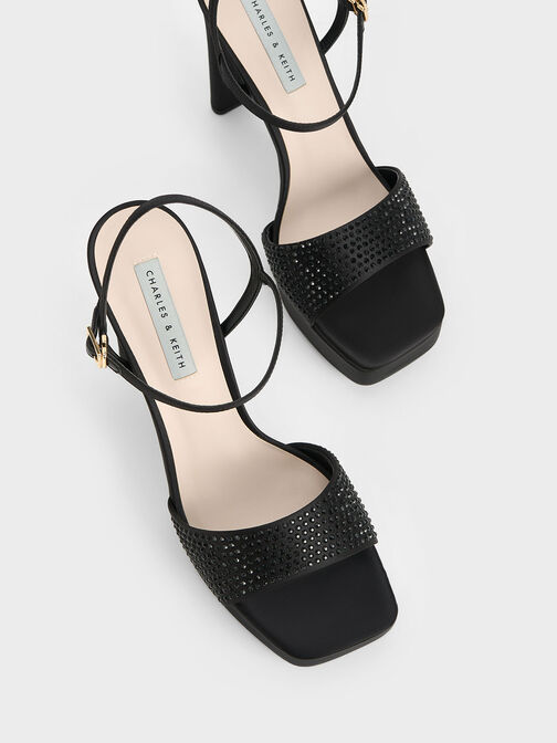 Recycled Polyester Crystal-Embellished Platform Sandals, Black Textured, hi-res