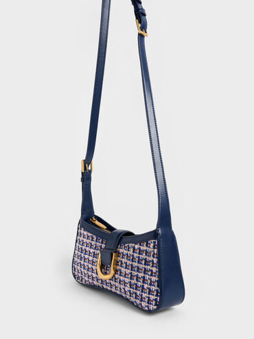 Gabine Tweed Curved Shoulder Bag, Navy, hi-res