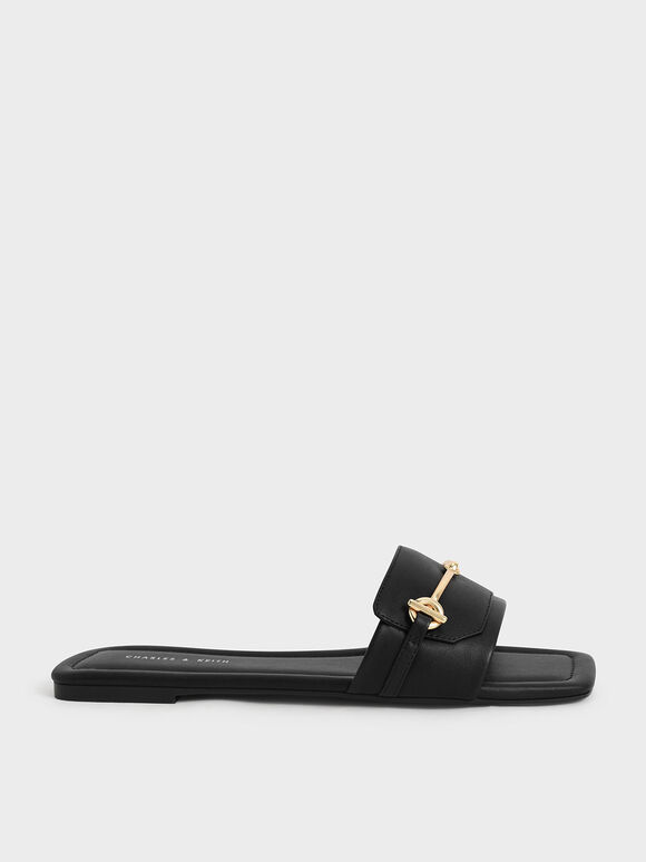 Metallic Accent Slide Sandals, Black, hi-res