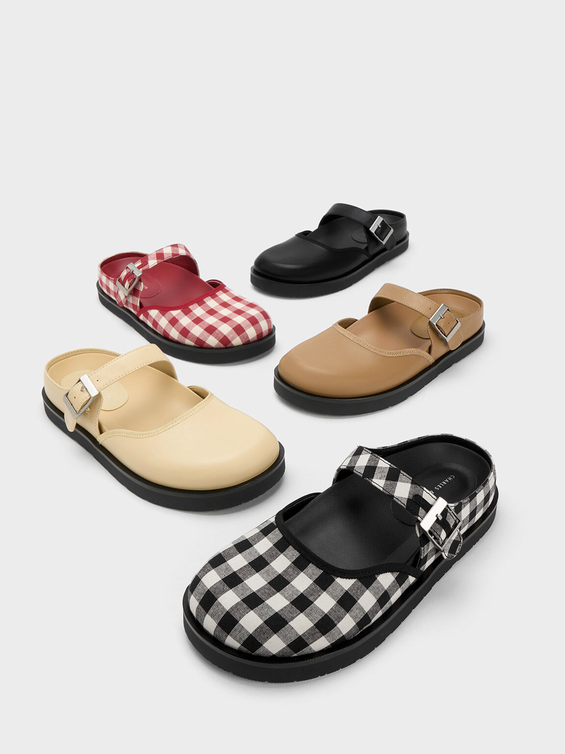 Gingham Buckled Flat Mules, Black Textured, hi-res