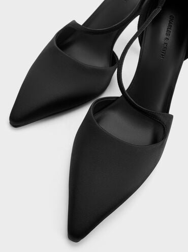 Zapatos de tacón de aguja D'Orsay de satén con tiras asimétricas, Negro texturizado, hi-res