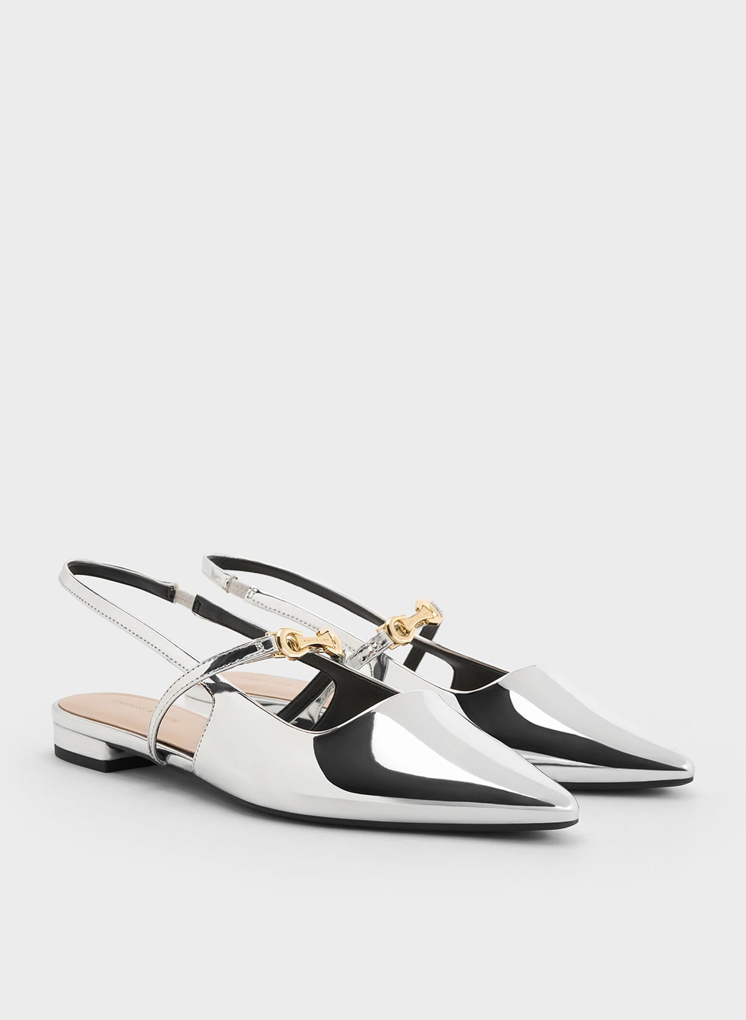 Trifina Metallic-Accent Pointed-Toe Slingback Flats, Silver, hi-res