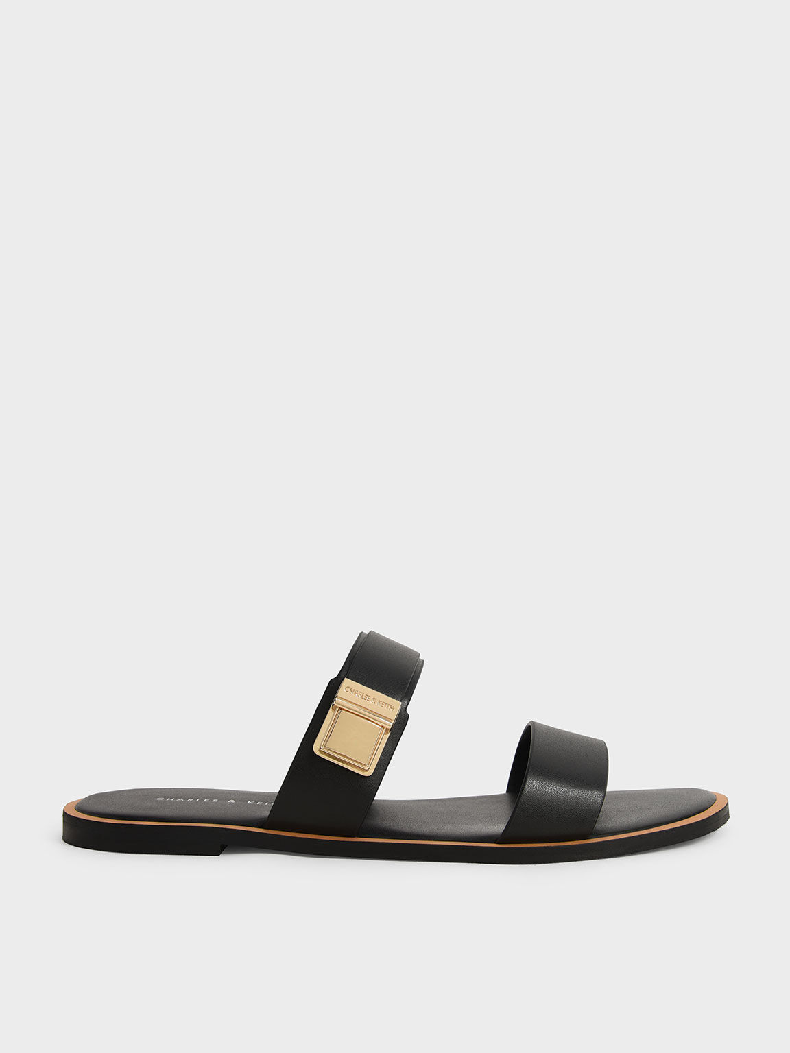 Metallic Buckle Slide Sandals, Black, hi-res