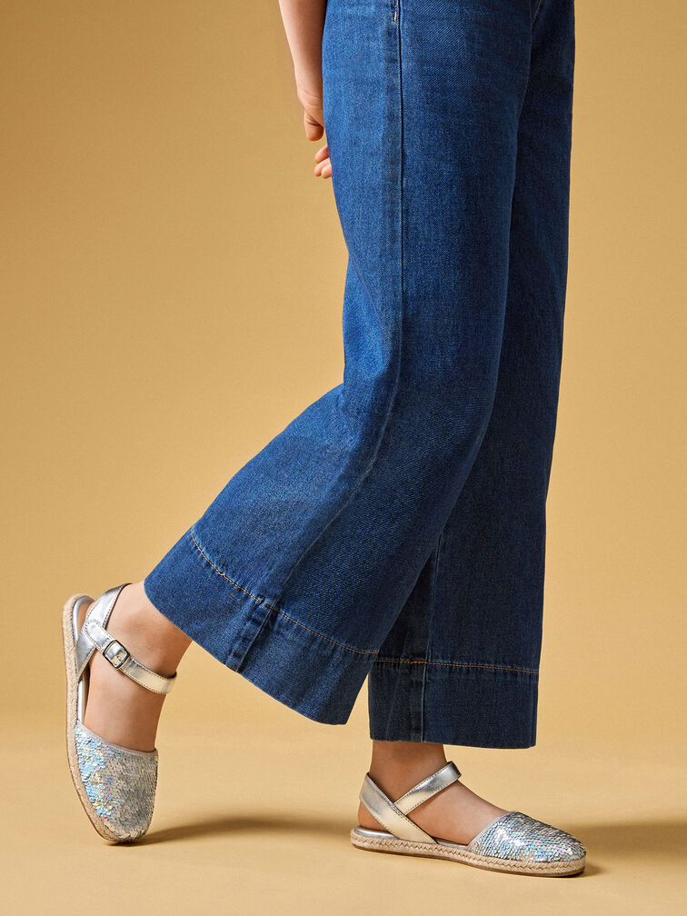 Girls' Sequin Espadrille Flats, Silver, hi-res