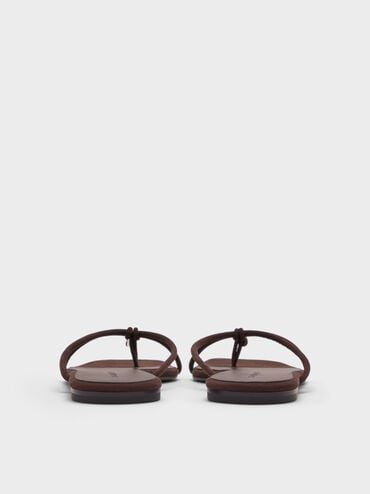 Faux Suede Metallic-Charm Strappy Thong Sandals, Dark Brown Textured, hi-res