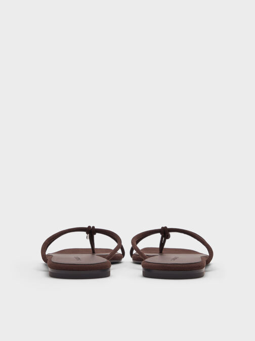 Faux Suede Metallic-Charm Strappy Thong Sandals, Dark Brown Textured, hi-res