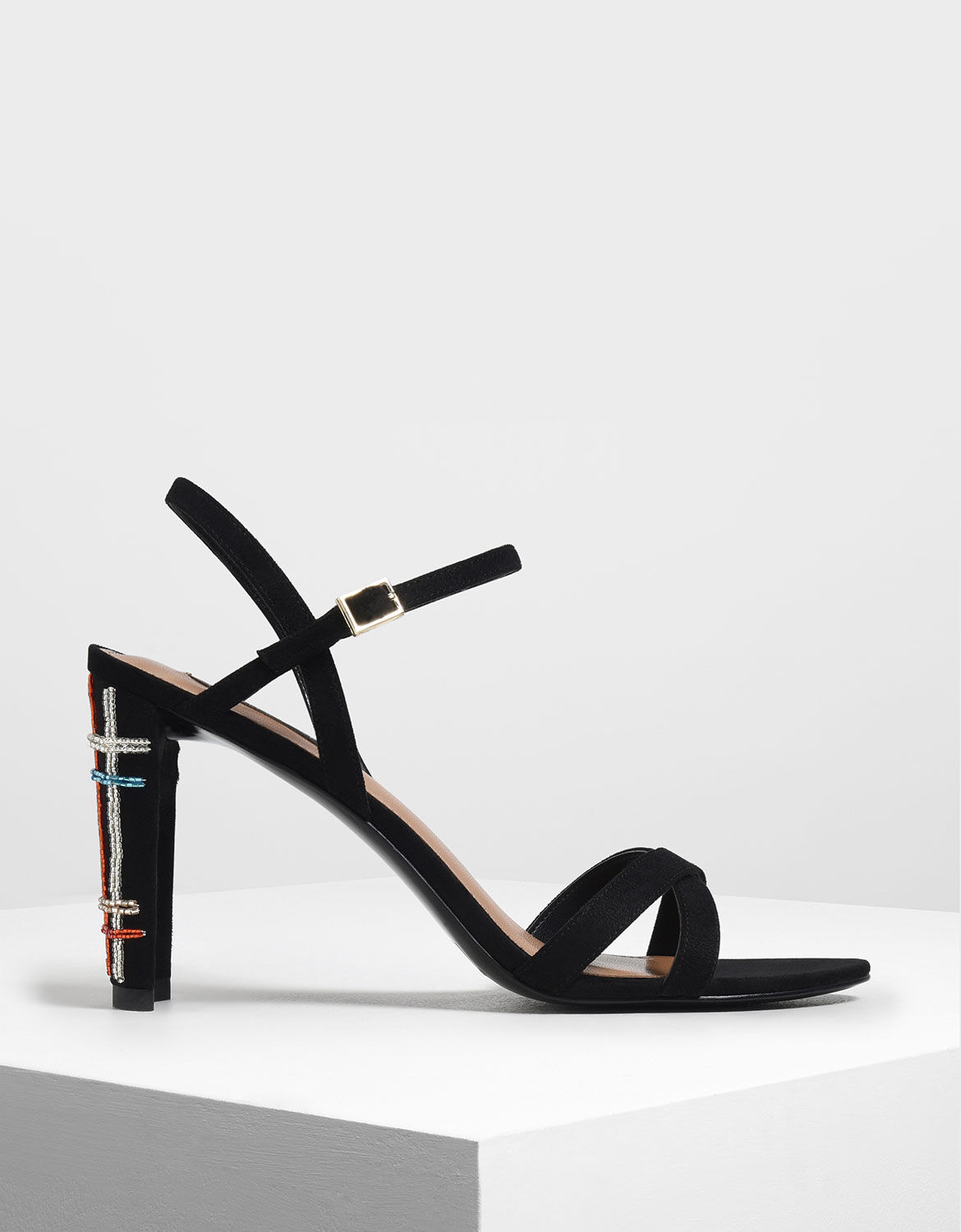 black embellished block heels