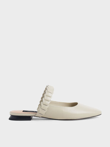 Leather Pleated Strap Mules, Chalk, hi-res