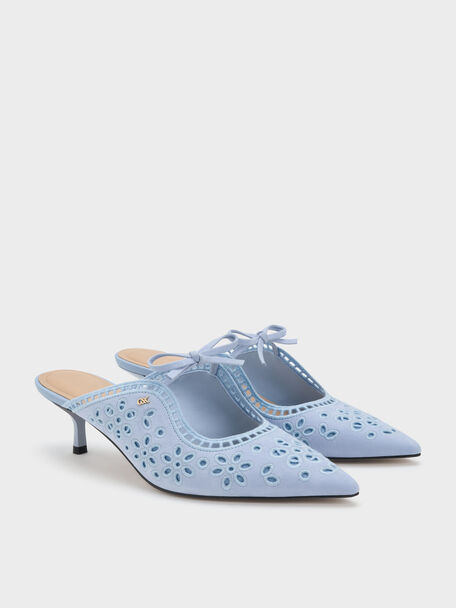 Leather Embroidered Heeled Mules, Light Blue, hi-res