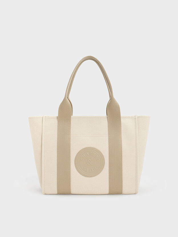 Large Kay Canvas Contrast-Trim Tote Bag, Taupe, hi-res