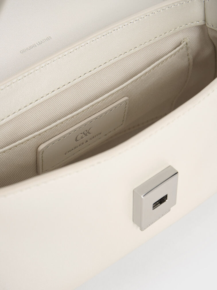 Bolso de cuero con asa superior y lazo, Blanco, hi-res