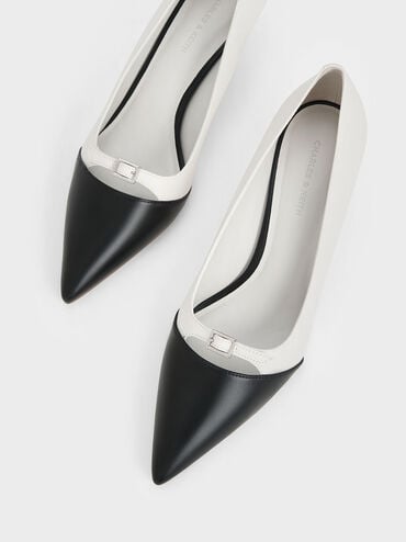 Two-Tone Buckle-Strap Pointed-Toe Pumps, White, hi-res