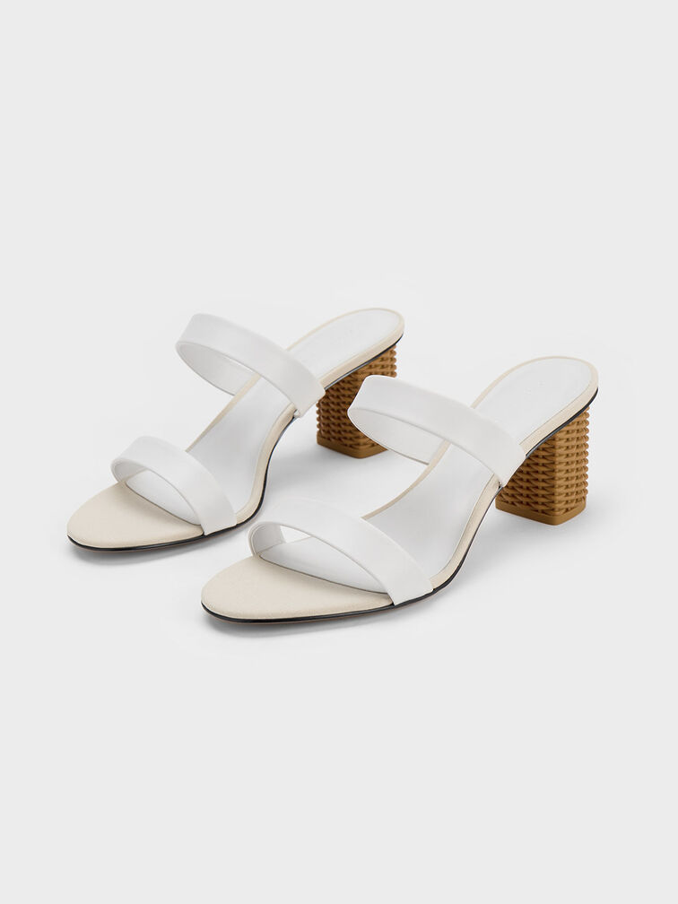 Rattan Block Heel Sandals, White, hi-res