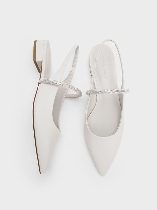 Crystal-Strap Pointed-Toe Slingback Flats, White, hi-res