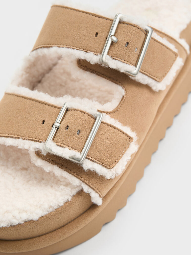 Textured Faux-Shearling Platform Sandals, Beige, hi-res