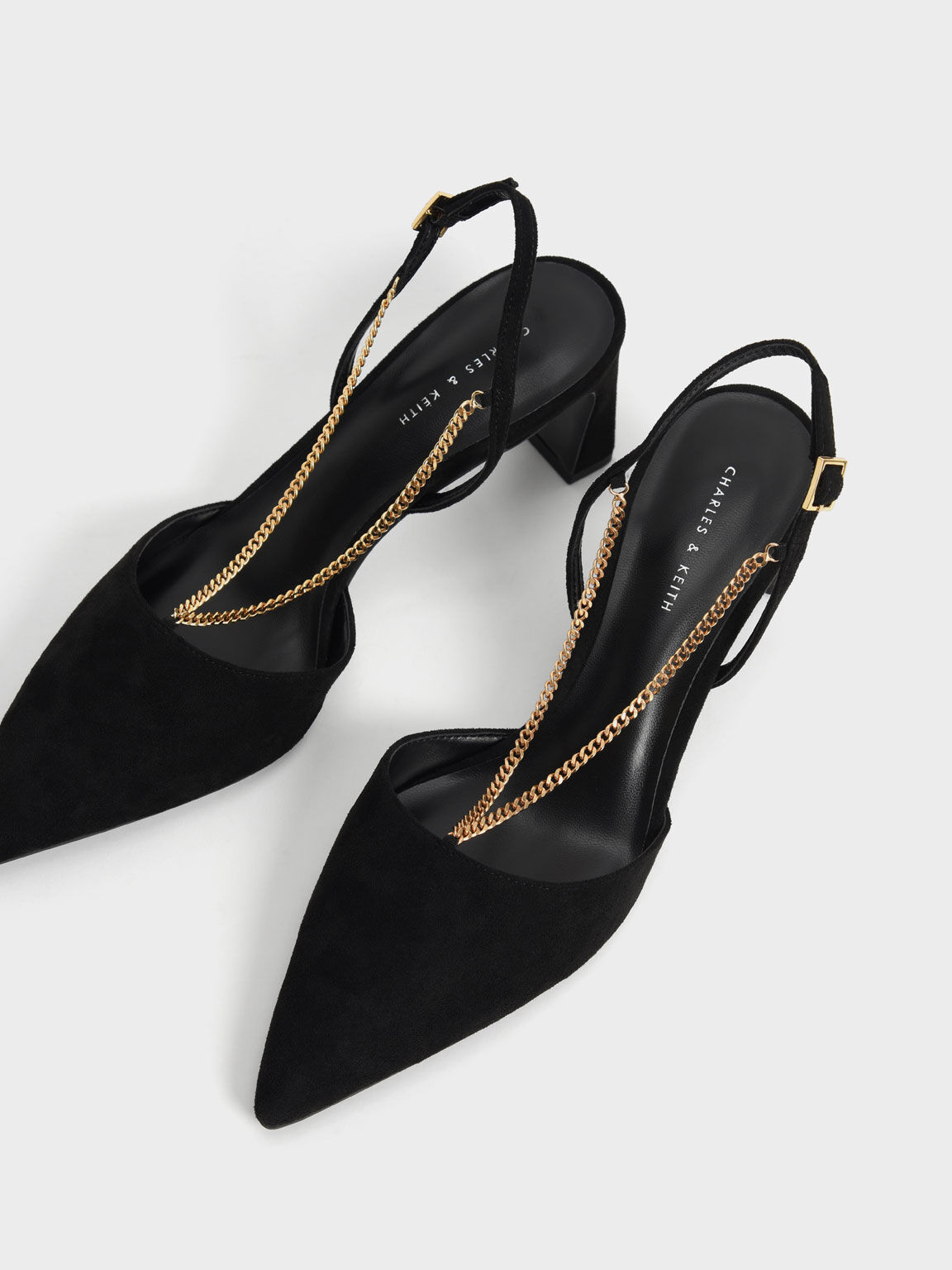 Textured Chain Strap Pumps, Black, hi-res