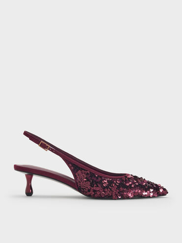 Ruthie Sequinned Slingback Pumps, Burgundy, hi-res