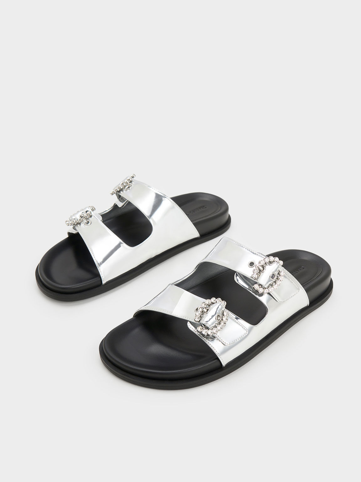 Embellished Buckle Metallic Sandals, Silver, hi-res