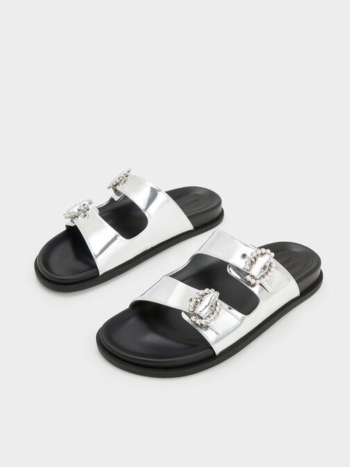 Embellished Buckle Metallic Sandals, Silver, hi-res