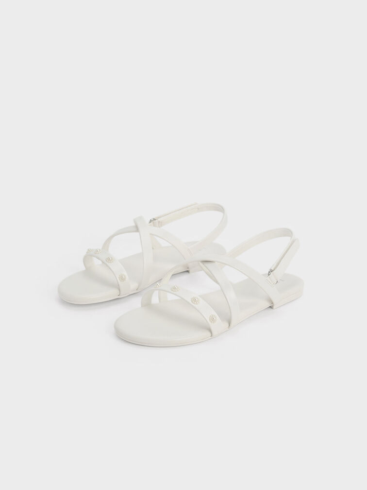 Girls' Flower-Beaded Strappy Sandals, White, hi-res
