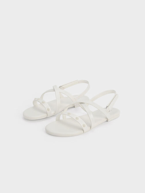 Girls' Flower-Beaded Strappy Sandals, White, hi-res