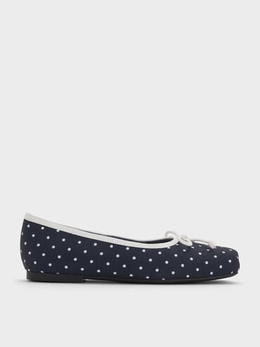 Girls' Dotted Bow Square-Toe Crossover-Strap Ballet Flats, Dark Blue, hi-res