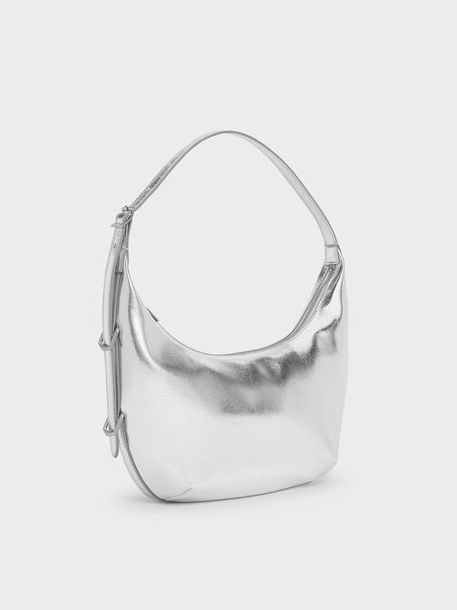 Bolso hobo curvo Bryna metalizado, Plateado, hi-res