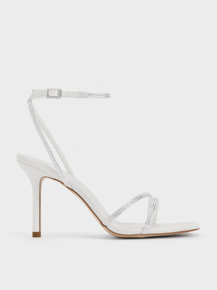 Satin Crystal-Embellished Stiletto-Heel Sandals, White, hi-res