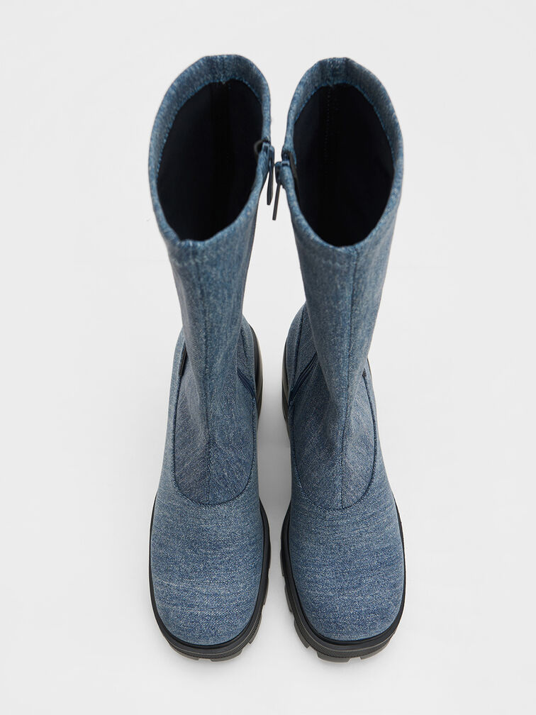 Denim Side-Zip Platform Calf Boots, Azul mezclilla, hi-res