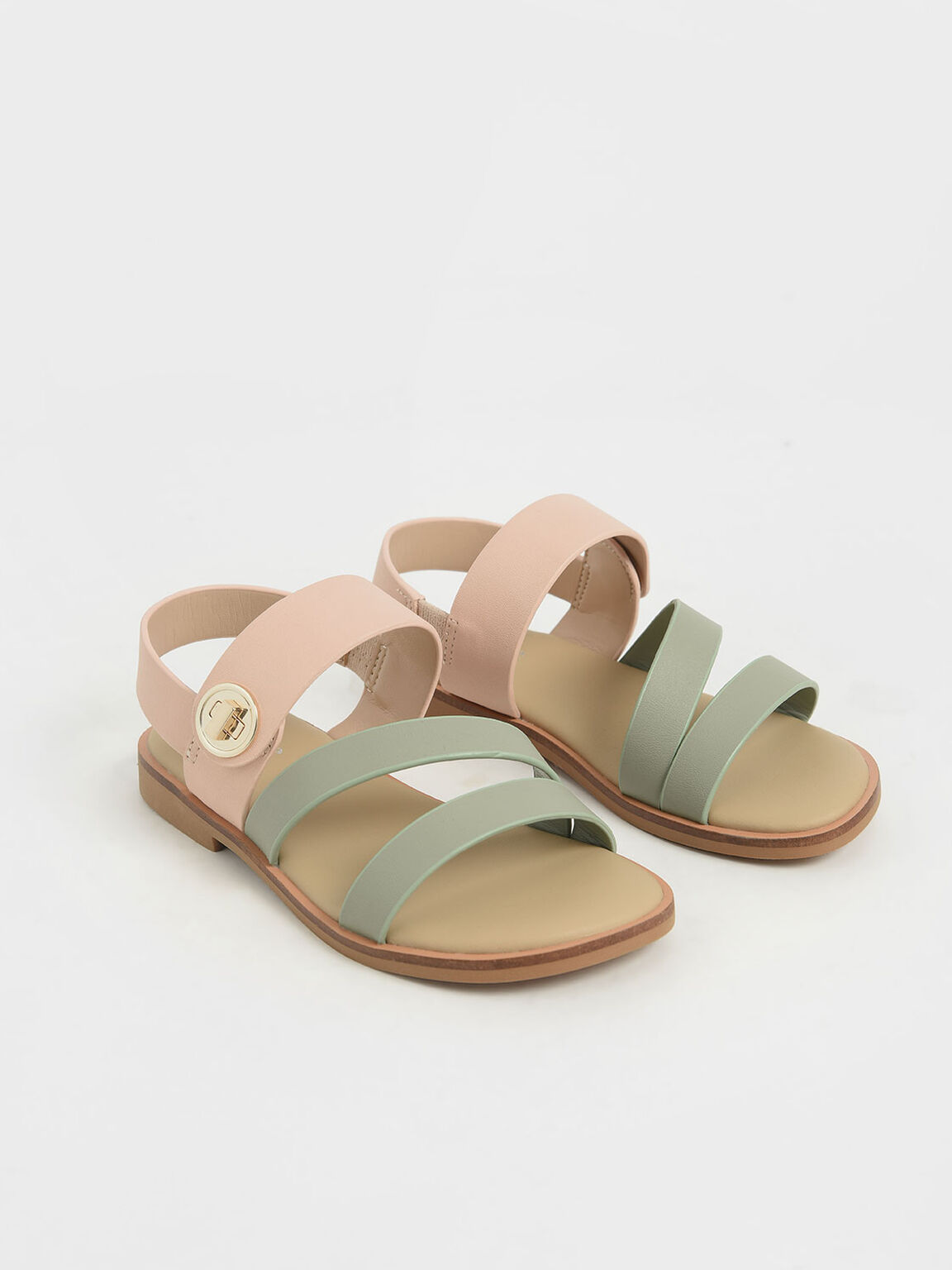 Girls' Metallic Buckle Sandals, Nude, hi-res