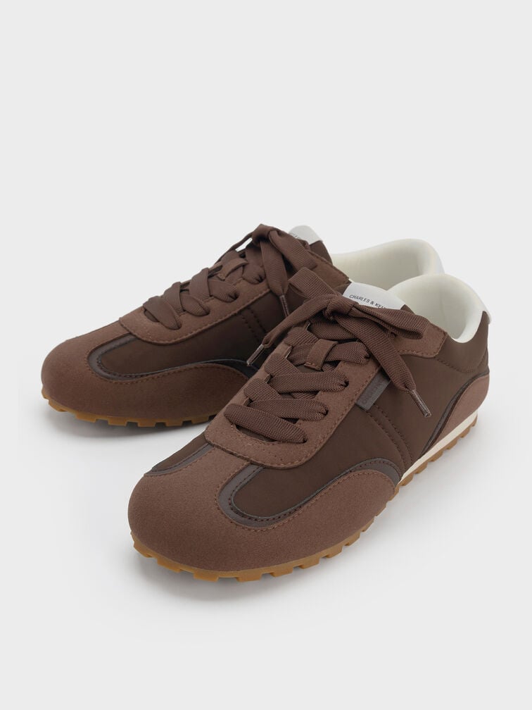 Nylon Contrast-Panel Lace-Up Sneakers, Dark Brown Textured, hi-res