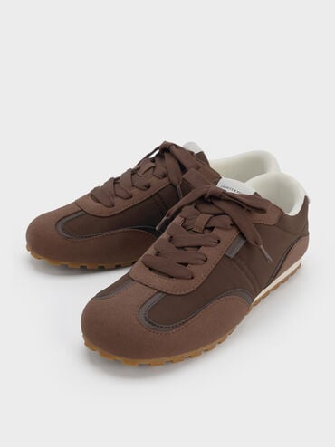 Nylon Contrast-Panel Lace-Up Sneakers, Dark Brown Textured, hi-res