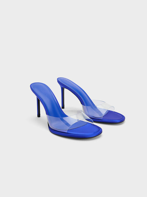 See-Through Cylindrical Heel Mules, Blue, hi-res