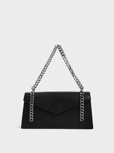 Chain Handle Envelope Shoulder Bag, Black, hi-res