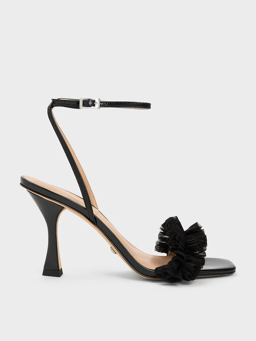 Patent Leather Ruffled Mesh Heeled Sandals, Black, hi-res