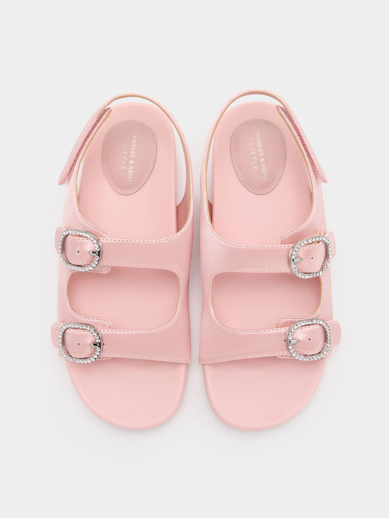 Girls' Satin Crystal-Buckle Double-Strap Slingback Sandals, Light Pink, hi-res